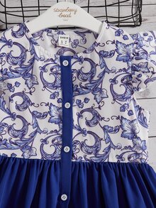 SHEIN Niñas Vestido con estampado de voluta de manga con volante - Azul y blanco - Ver 4