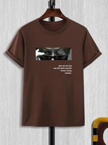 Manfinity Homme 男士人物和標語圖案T恤 - 巧克力棕 - 查看 1