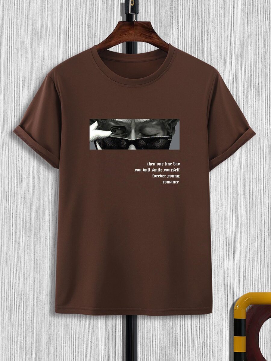 Manfinity Homme 男士人物和標語圖案T恤 - 巧克力棕 - 查看 1