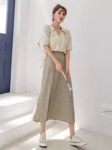 DAZY Falda de cintura alta con estampado de cuadros - Caqui - Ver 4