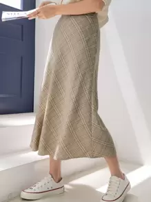 DAZY Falda de cintura alta con estampado de cuadros - Caqui - Ver 5