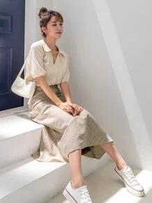 DAZY Falda de cintura alta con estampado de cuadros - Caqui - Ver 6