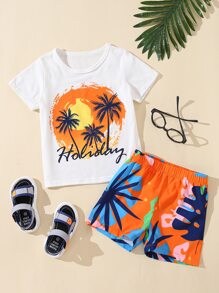 Toddler Boys Letter And Palm Tree Print Tee & Shorts - Multicolor - View 1