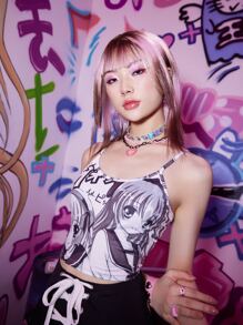 ROMWE Anime Áo hai dây Con số Lá thư Giải trí - Nhiều màu - Xem 2