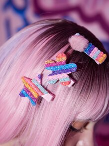 ROMWE Anime 3pcs Star & Pom Pom Decor Hair Clip - Multicolor - View 2