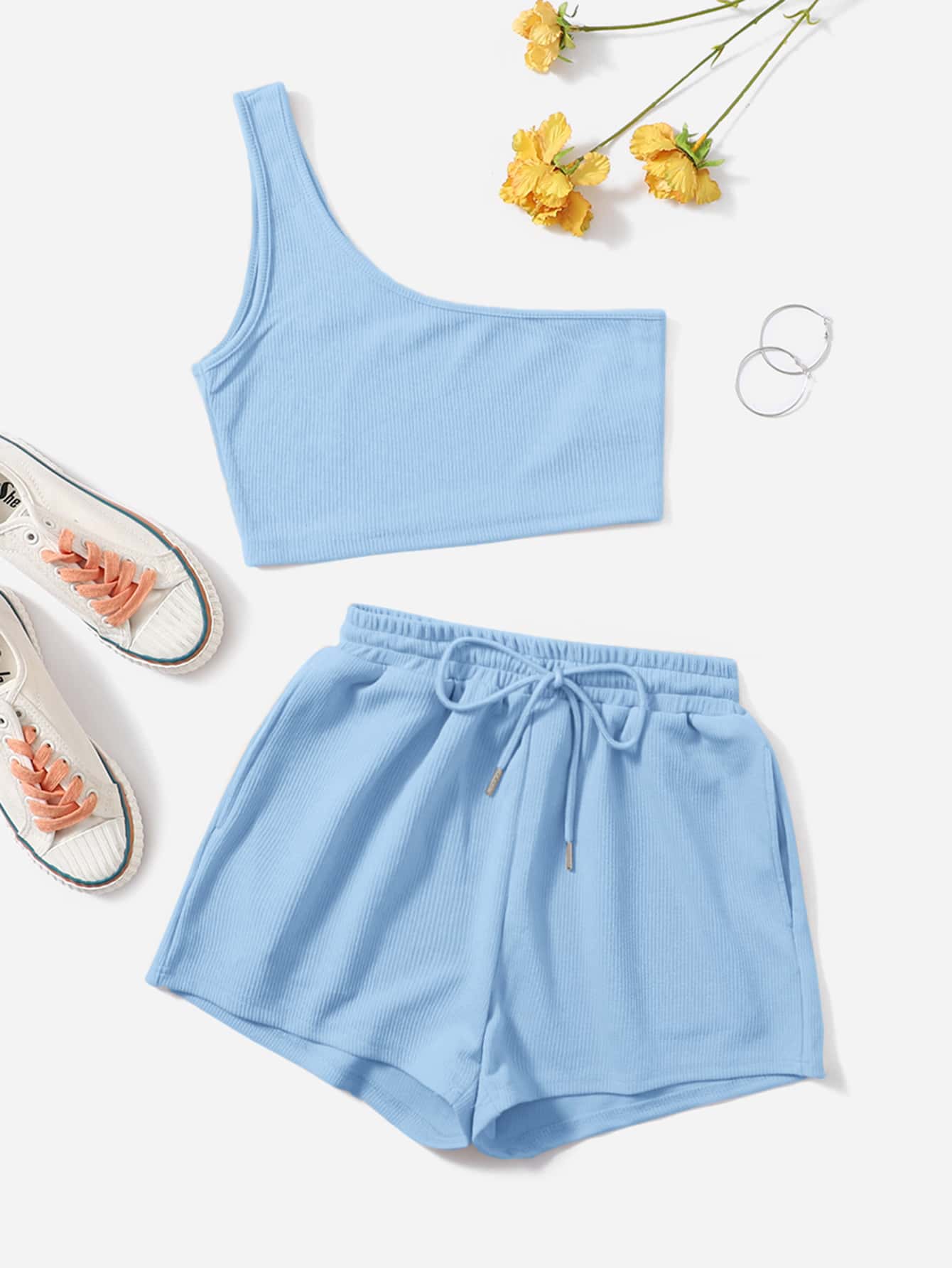 Muchica Bộ đồ hai mảnh nữ Dây kéo Gân đan màu trơn Giải trí - Màu xanh nhạt - Xem 1