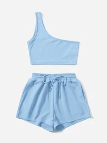 Muchica Bộ đồ hai mảnh nữ Dây kéo Gân đan màu trơn Giải trí - Màu xanh nhạt - Xem 3