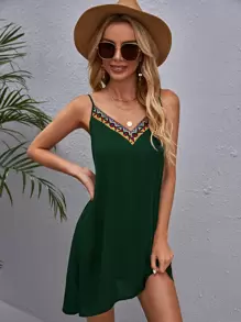 SHEIN VCAY Contrast Tape Trim Cami Dress - Dark Green - View 1