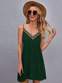 SHEIN VCAY Contrast Tape Trim Cami Dress - Dark Green - View 5