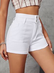 Shorts unicolor bajo de doblez con bolsillos oblicuos - Blanco - Ver 1