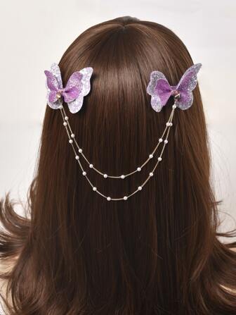 1入組女孩優雅多彩蝴蝶和珍珠鏈髮夾