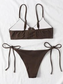 加大碼肋紋針織結繩側比基尼套裝，夏季沙灘 - 咖啡棕 - 查看 6