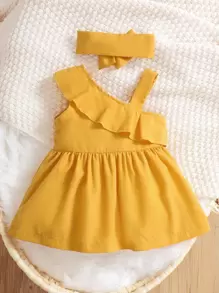 嬰兒荷葉邊不對稱領洋裝附髮帶 - 黃色 - 查看 2