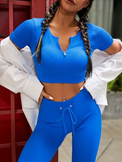 2 pièces Ensemble sans couture yoga costume T-shirt de sport zippé & Legging à cordon