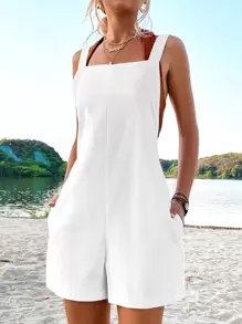 GENKIRA 素色斜口袋露背背帶連體短褲不附帶掛脖上衣 - 白色 - 查看 3