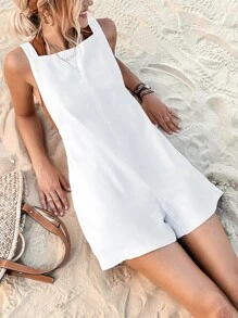 GENKIRA 素色斜口袋露背背帶連體短褲不附帶掛脖上衣 - 白色 - 查看 5