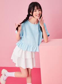 SHEIN EZwear Keyhole Back Cuffed Sleeve Peplum Top - Baby Blue - View 1