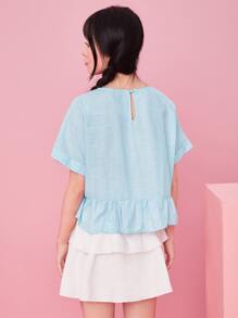 SHEIN EZwear Keyhole Back Cuffed Sleeve Peplum Top - Baby Blue - View 2
