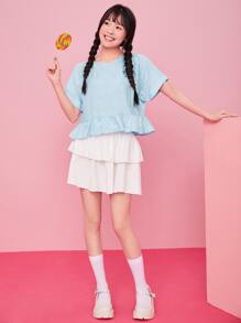 SHEIN EZwear Keyhole Back Cuffed Sleeve Peplum Top - Baby Blue - View 5