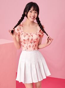 SHEIN Qutie 桃子圖案褶邊抽褶T恤 - 淺粉色 - 查看 1