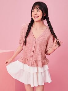 SHEIN 泡泡袖前紐扣荷葉邊下擺襯衫 - 藕粉色 - 查看 1