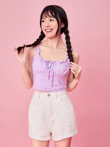 SHEIN MOD Frill Trim Tie Front Ruched Bust Top - Purple - View 1