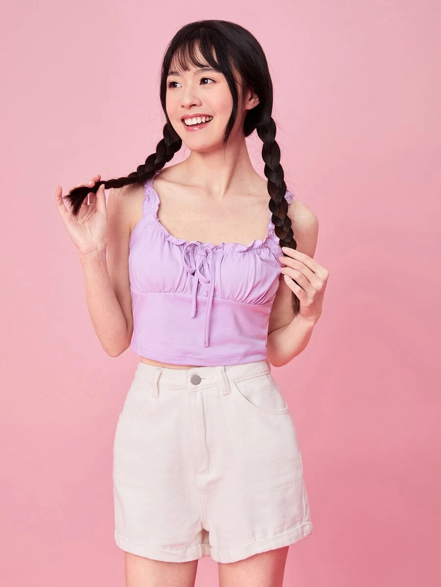 SHEIN MOD Frill Trim Tie Front Ruched Bust Top - Purple - View 1
