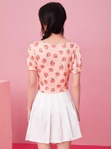 SHEIN Qutie 桃子圖案褶邊抽褶T恤 - 淺粉色 - 查看 2