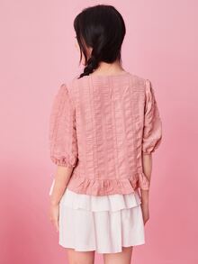 SHEIN 泡泡袖前紐扣荷葉邊下擺襯衫 - 藕粉色 - 查看 2