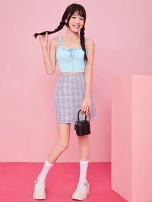 SHEIN Qutie Frill Trim Tie Front Ruched Bust Top