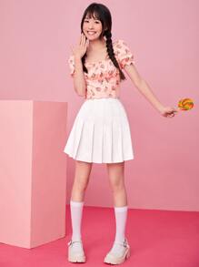 SHEIN Qutie 桃子圖案褶邊抽褶T恤 - 淺粉色 - 查看 3