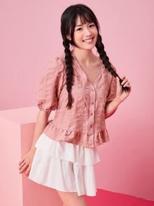 SHEIN 泡泡袖前紐扣荷葉邊下擺襯衫 - 藕粉色 - 查看 3