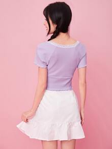 SHEIN Qutie Lace Trim Raglan Sleeve Ruched Rib-knit Crop Tee - Lilac Purple - View 2