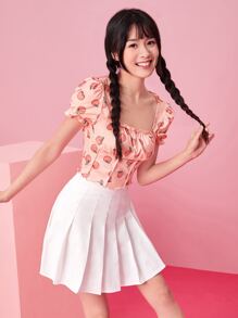 SHEIN Qutie 桃子圖案褶邊抽褶T恤 - 淺粉色 - 查看 4