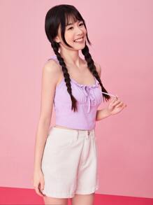 SHEIN MOD Frill Trim Tie Front Ruched Bust Top - Purple - View 3