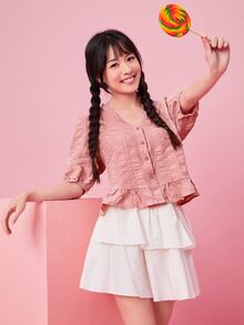 SHEIN 泡泡袖前紐扣荷葉邊下擺襯衫 - 藕粉色 - 查看 4