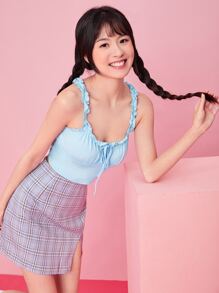 SHEIN Qutie Frill Trim Tie Front Ruched Bust Top