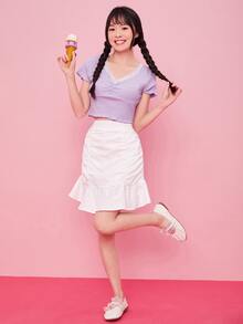 SHEIN Qutie Lace Trim Raglan Sleeve Ruched Rib-knit Crop Tee - Lilac Purple - View 3