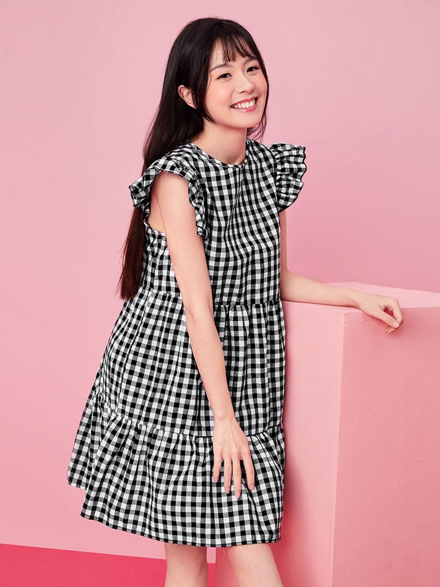 SHEIN Ruffle Armhole Tiered Hem Gingham Dress - Black and White - View 1