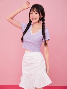 SHEIN Qutie Lace Trim Raglan Sleeve Ruched Rib-knit Crop Tee - Lilac Purple - View 4