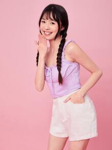 SHEIN MOD Frill Trim Tie Front Ruched Bust Top - Purple - View 4