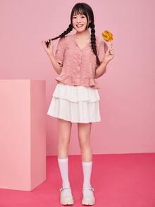 SHEIN 泡泡袖前紐扣荷葉邊下擺襯衫 - 藕粉色 - 查看 5