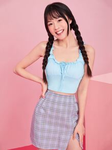 SHEIN Qutie Frill Trim Tie Front Ruched Bust Top