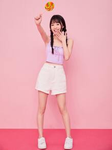 SHEIN MOD Frill Trim Tie Front Ruched Bust Top - Purple - View 5