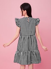 SHEIN Ruffle Armhole Tiered Hem Gingham Dress - Black and White - View 2