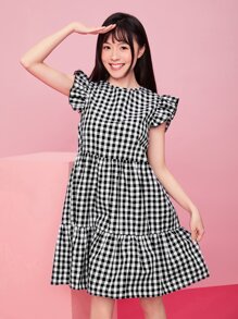 SHEIN Ruffle Armhole Tiered Hem Gingham Dress - Black and White - View 3
