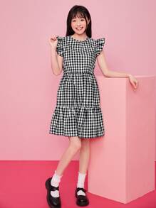 SHEIN Ruffle Armhole Tiered Hem Gingham Dress - Black and White - View 6