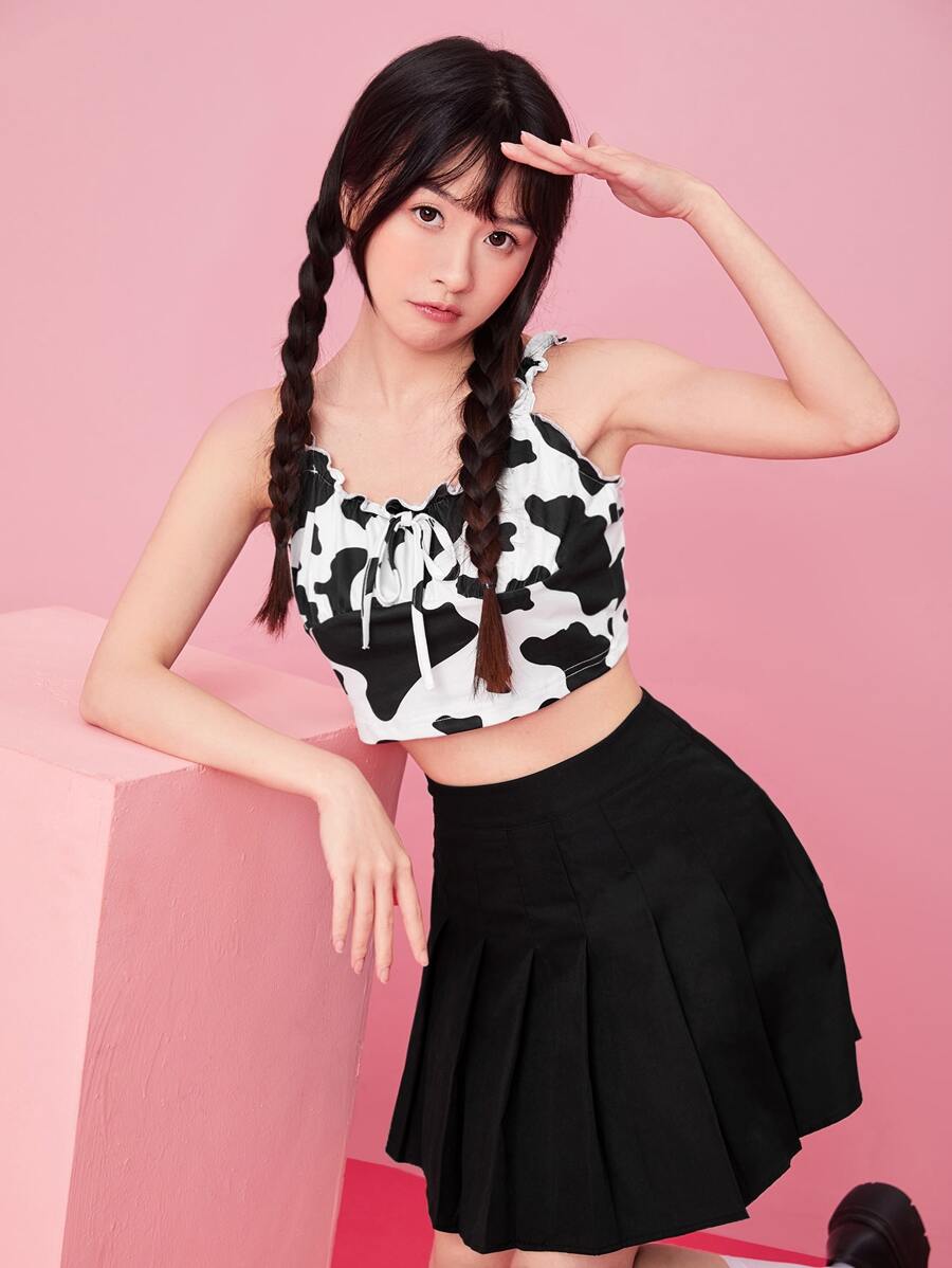 Muchica Cow Print Ruched Bust Frill Trim Top - Black and White - View 1