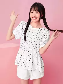 SHEIN VCAY 心形圖案泡泡袖荷葉邊下擺上衣 - 白色 - 查看 1