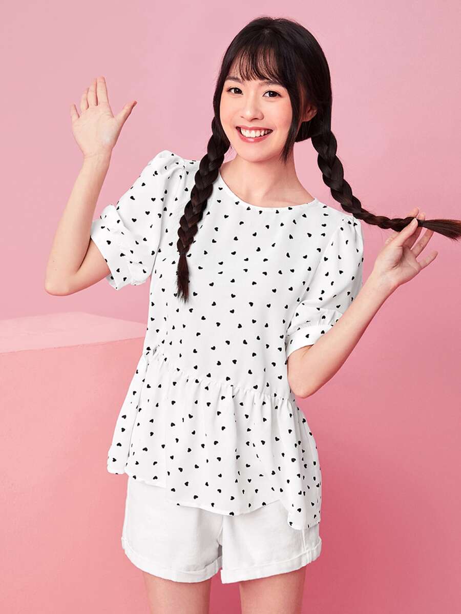 SHEIN VCAY 心形圖案泡泡袖荷葉邊下擺上衣 - 白色 - 查看 1